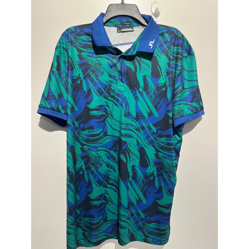 J.Lindeberg Mens Regular Fit Golf Polo Green Blue Abstract Print Bridge Logo XXL
